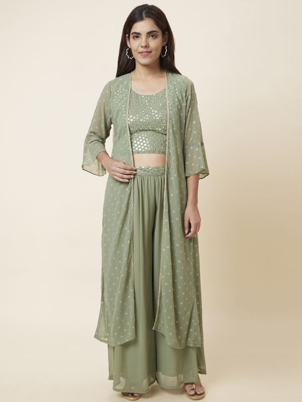 Globus Women Olive Ethnic Set with Sleeveless Crop, Sharara and Jacket