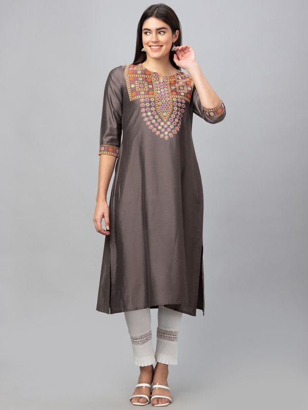 Globus Women Taupe Embroidered Round Neck With 3/4 Sleeves A Line Kurta