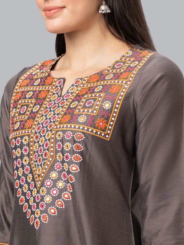 Globus Women Taupe Embroidered Round Neck With 3/4 Sleeves A Line Kurta