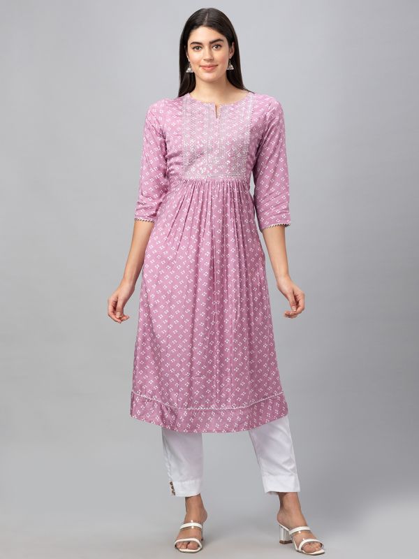 Globus Women Mauve Printed Round Neck 3/4 Sleeves A-Line Kurta