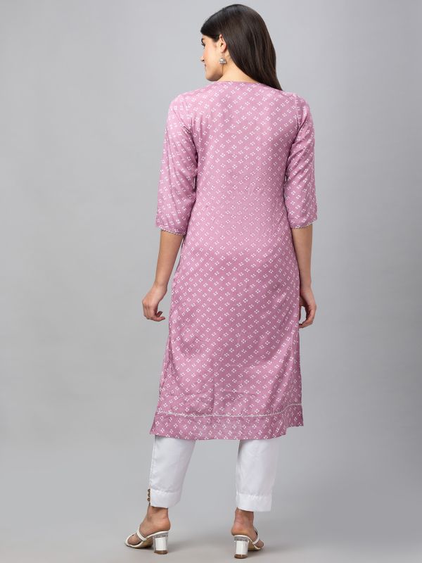 Globus Women Mauve Printed Round Neck 3/4 Sleeves A-Line Kurta