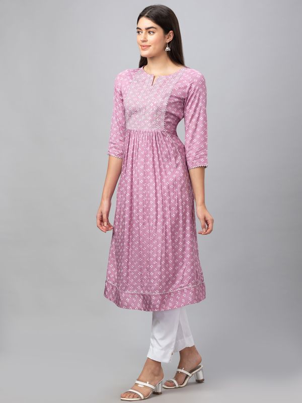 Globus Women Mauve Printed Round Neck 3/4 Sleeves A-Line Kurta