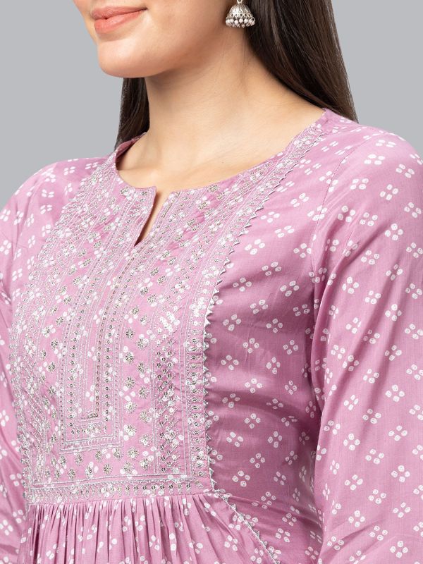 Globus Women Mauve Printed Round Neck 3/4 Sleeves A-Line Kurta