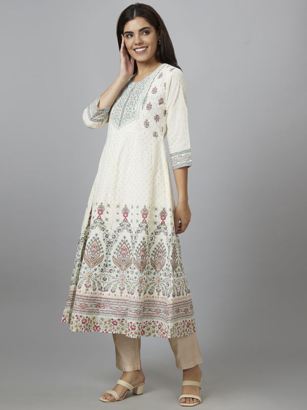 Globus Women Off White Printed Round Neck Anarkali Kurta