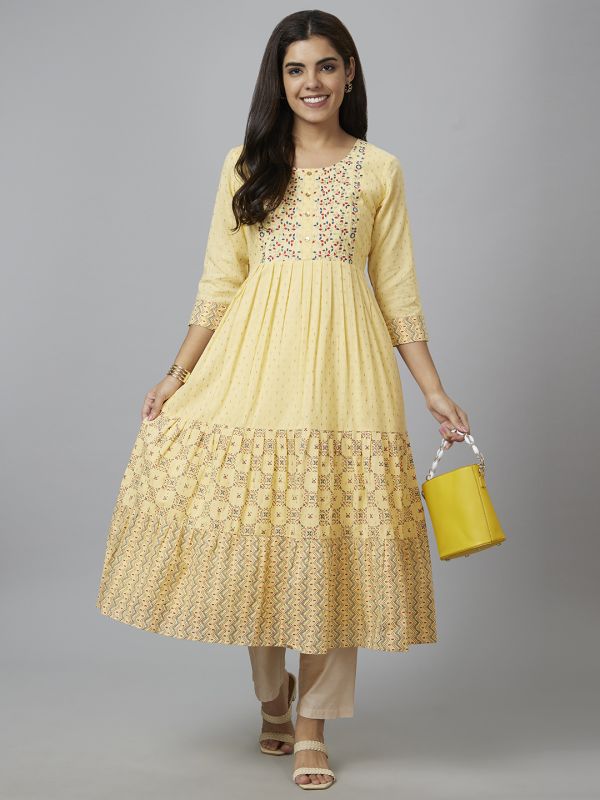 Globus Women Yellow Printed Round Neck Anarkali Kurta