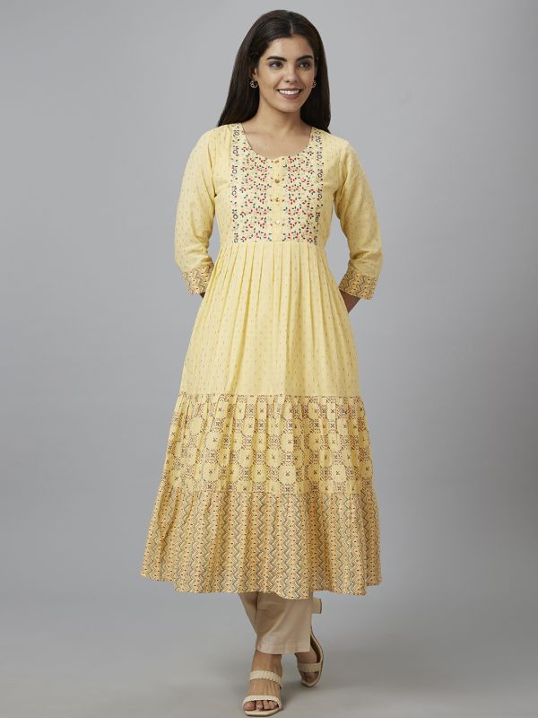 Globus Women Yellow Printed Round Neck Anarkali Kurta