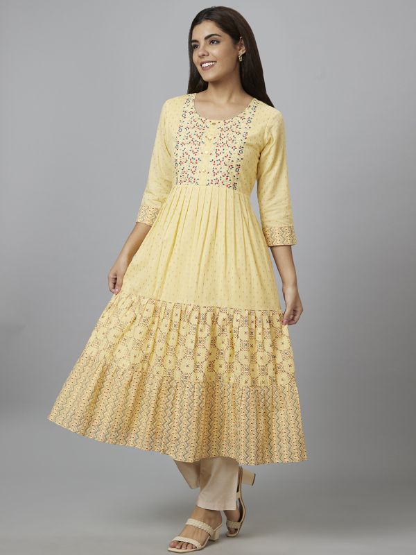 Globus Women Yellow Printed Round Neck Anarkali Kurta