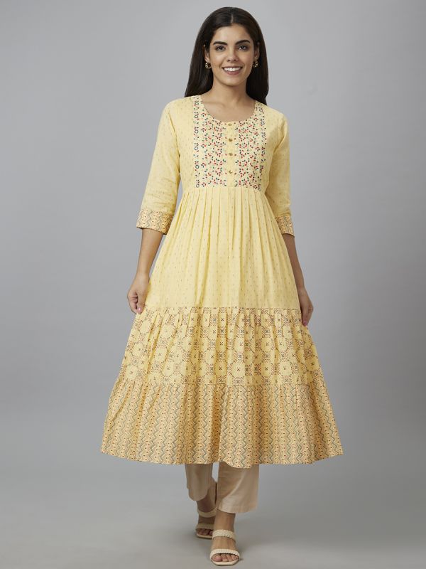 Globus Women Yellow Printed Round Neck Anarkali Kurta