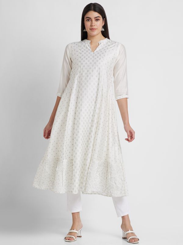 Globus Women Off White Printed Mandarin Collar Anarkali Kurta