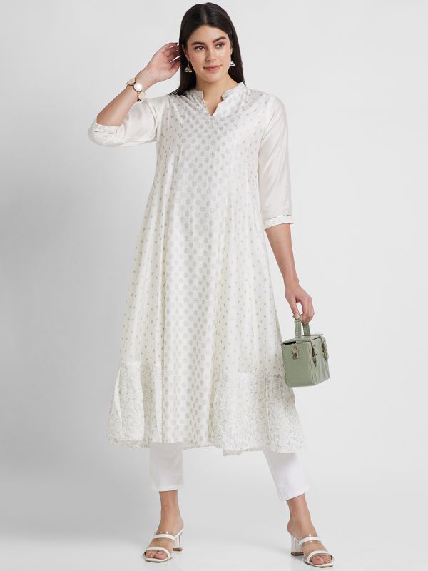 Globus Women Off White Printed Mandarin Collar Anarkali Kurta