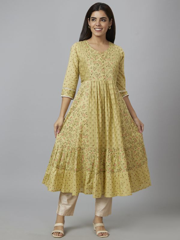 Globus Women Pista Green Printed Round Neck Anarkali Kurta