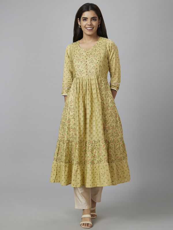 Globus Women Pista Green Printed Round Neck Anarkali Kurta