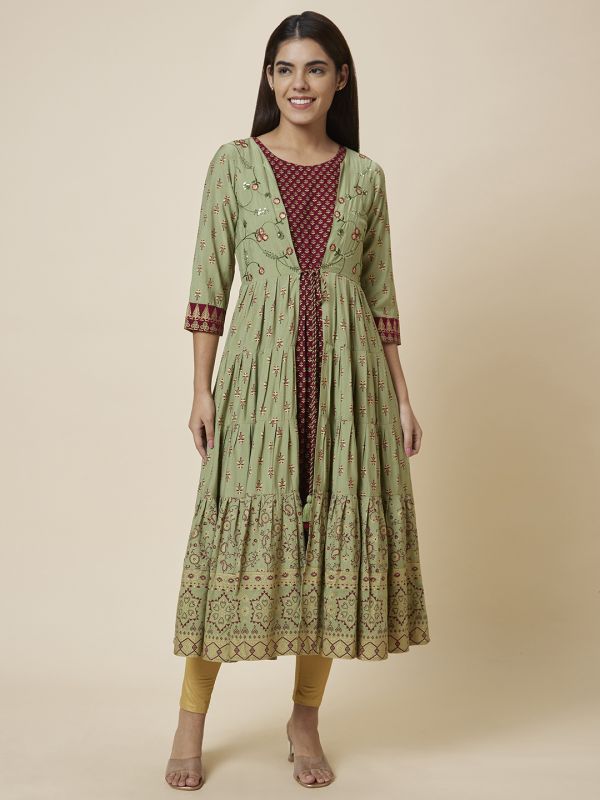 Globus Women Olive Printed Anarkali Layered Festive Kurta