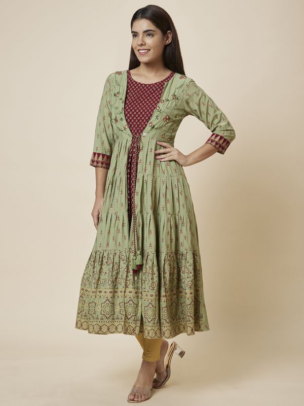 Globus Women Olive Printed Anarkali Layered Festive Kurta