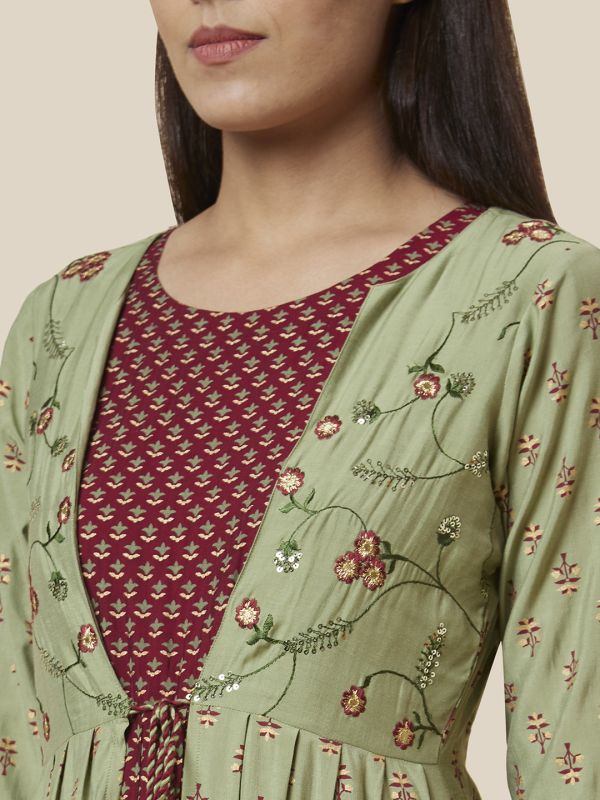 Globus Women Olive Printed Anarkali Layered Festive Kurta