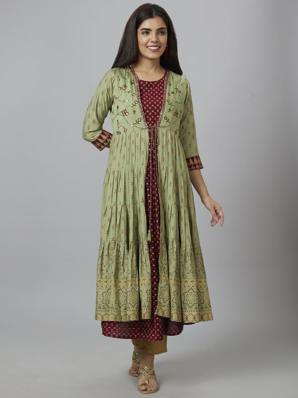 Globus Women Olive Printed Anarkali Kurta