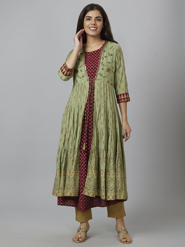 Globus Women Olive Printed Anarkali Kurta