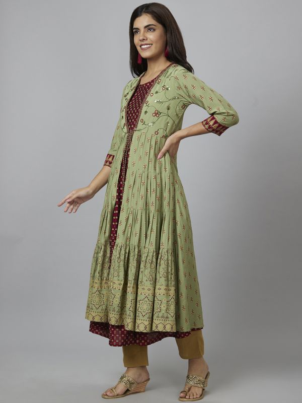 Globus Women Olive Printed Anarkali Kurta