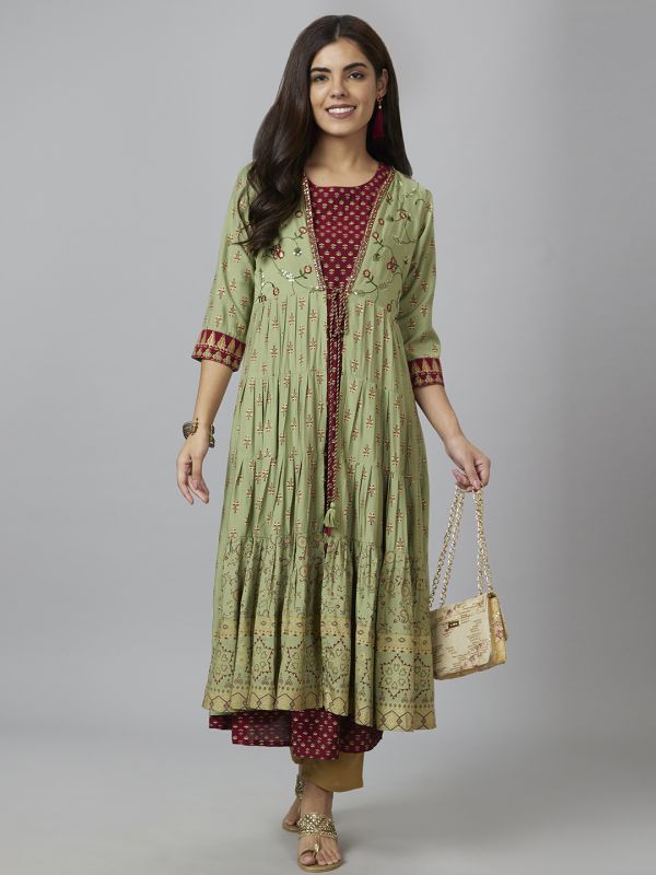 Globus Women Olive Printed Anarkali Kurta