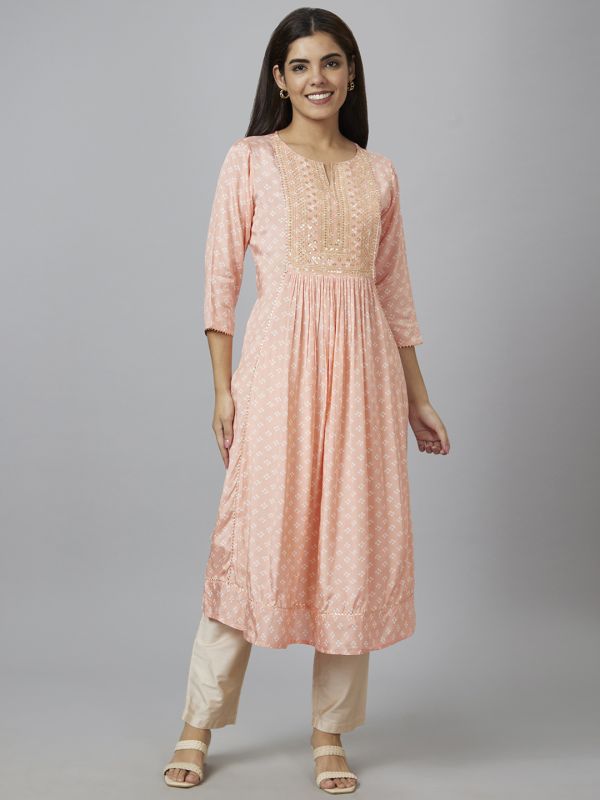 Globus Women Peach Printed Round Neck A-Line Kurta