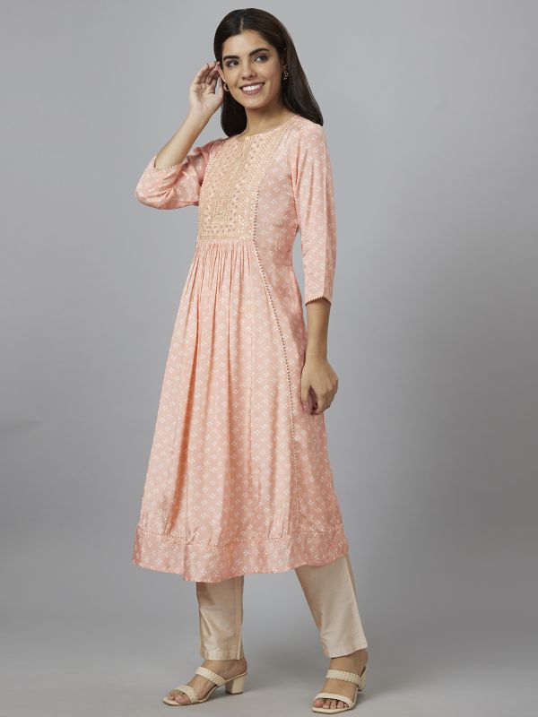 Globus Women Peach Printed Round Neck A-Line Kurta