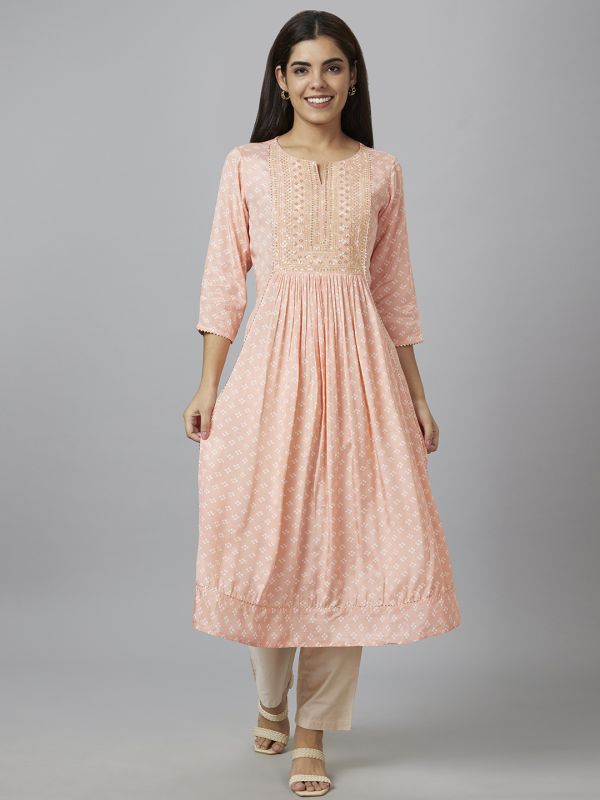 Globus Women Peach Printed Round Neck A-Line Kurta