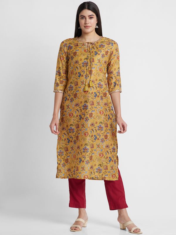 Globus Women Mustard Printed Tie-Up Neck Straight Kurta