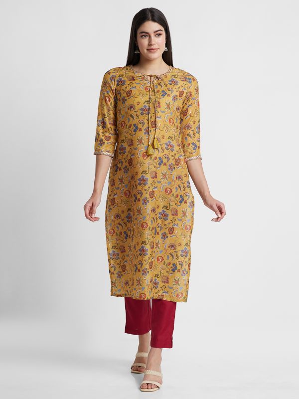 Globus Women Mustard Printed Tie-Up Neck Straight Kurta