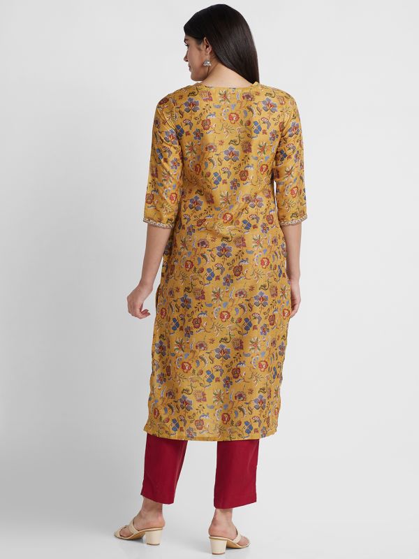 Globus Women Mustard Printed Tie-Up Neck Straight Kurta