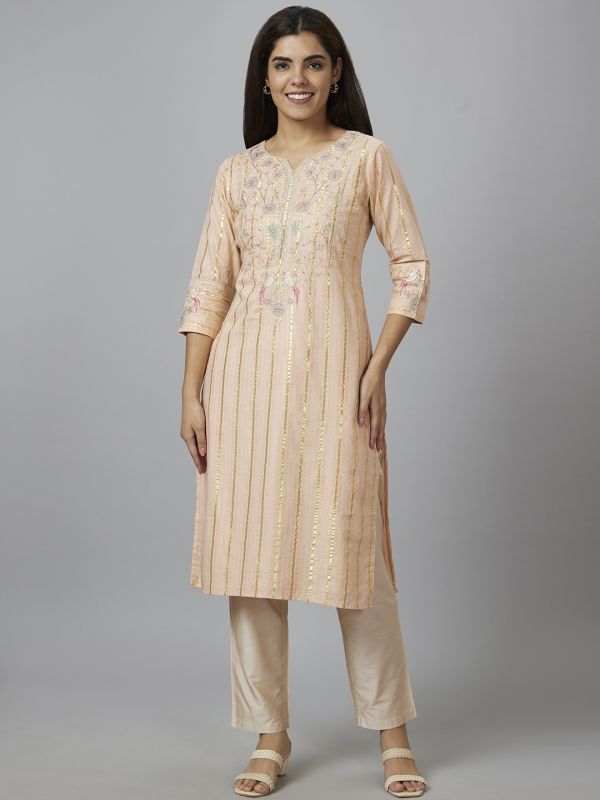 Globus Women Pink Embroidered Straight Kurta