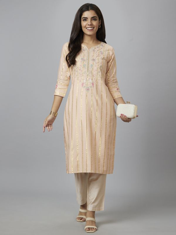 Globus Women Pink Embroidered Straight Kurta