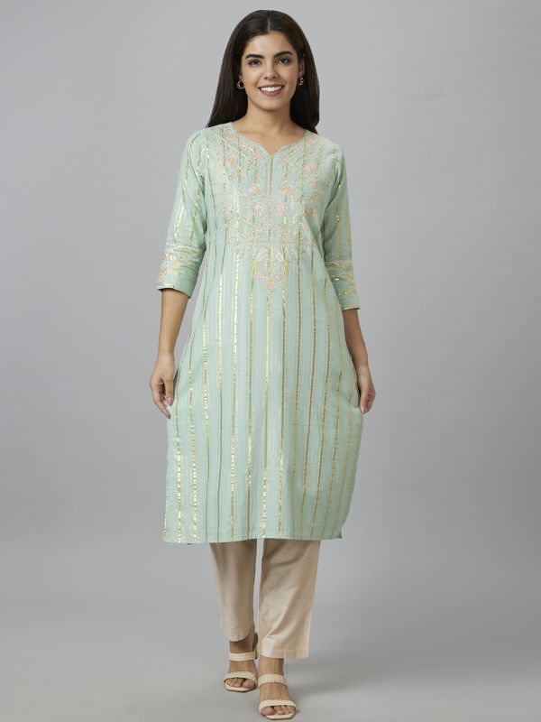 Globus Women Sea Green Embroidered Straight Kurta