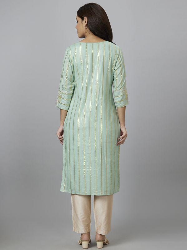 Globus Women Sea Green Embroidered Straight Kurta