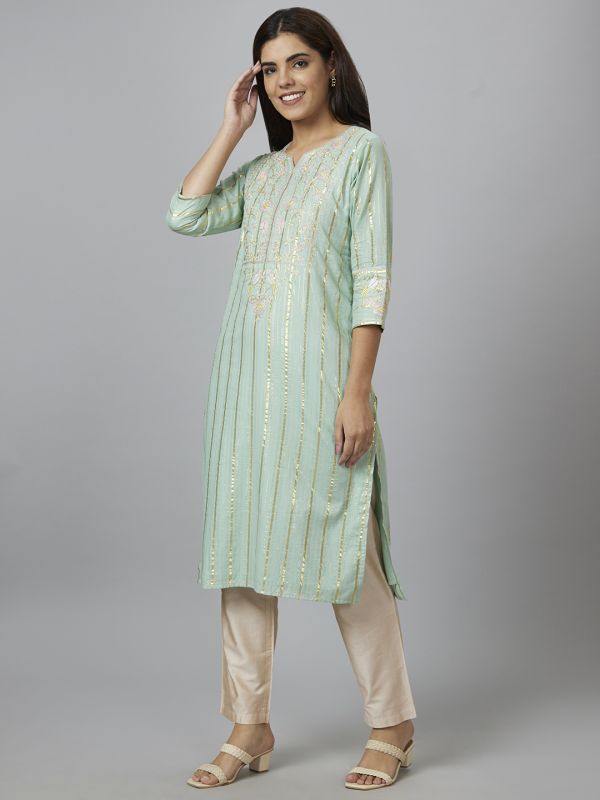 Globus Women Sea Green Embroidered Straight Kurta