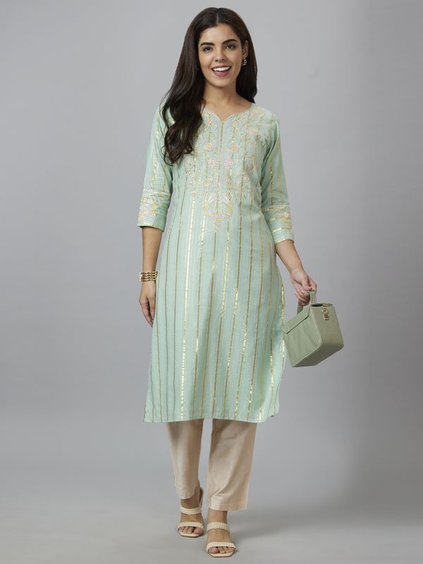 Globus Women Sea Green Embroidered Straight Kurta