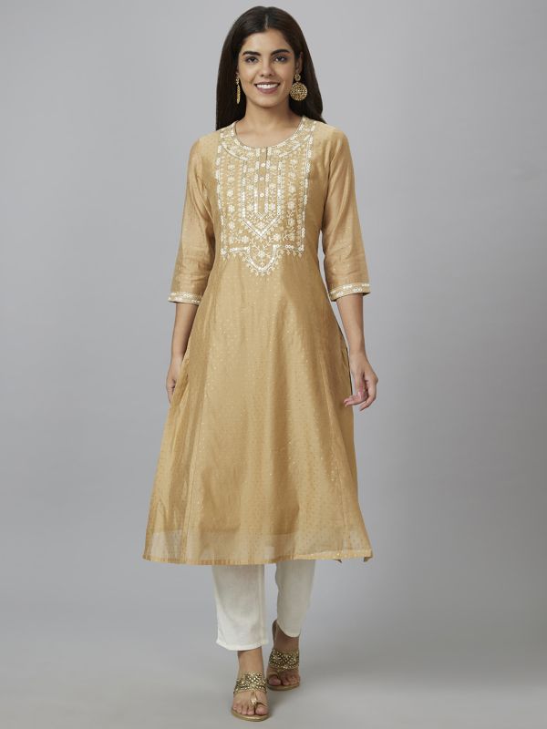 Globus Women Beige Yoke Embroidered A-Line Kurta