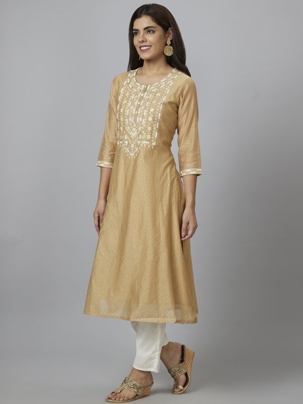 Globus Women Beige Yoke Embroidered A-Line Kurta