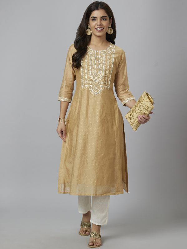 Globus Women Beige Yoke Embroidered A-Line Kurta