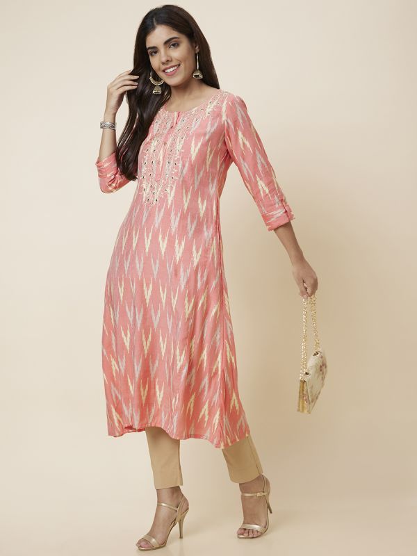 Globus Women Peach Printed A-Line Kurta