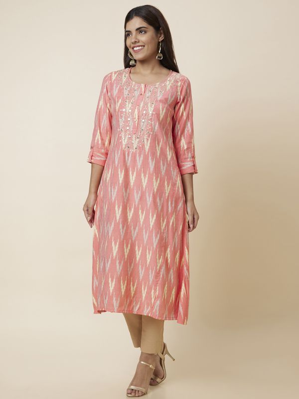 Globus Women Peach Printed A-Line Kurta