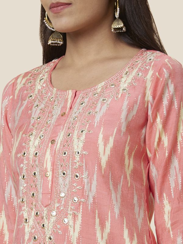 Globus Women Peach Printed A-Line Kurta