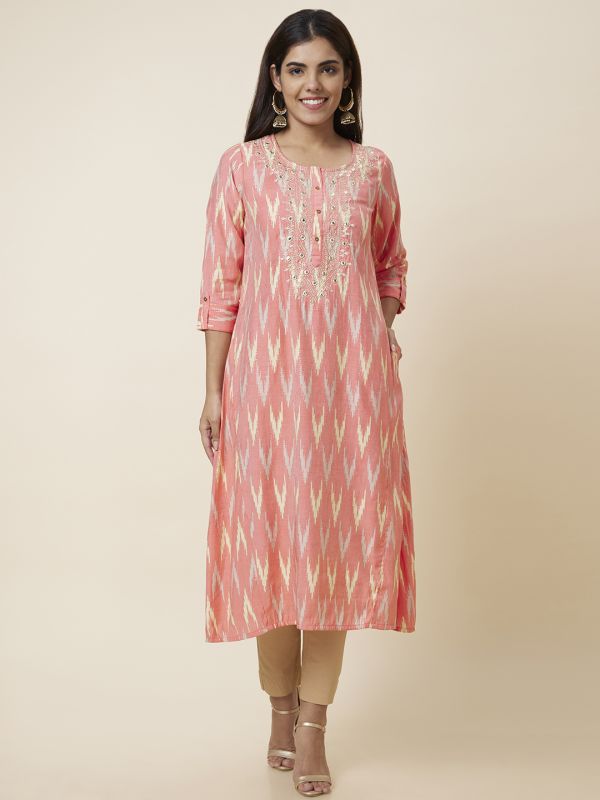 Globus Women Peach Printed A-Line Kurta