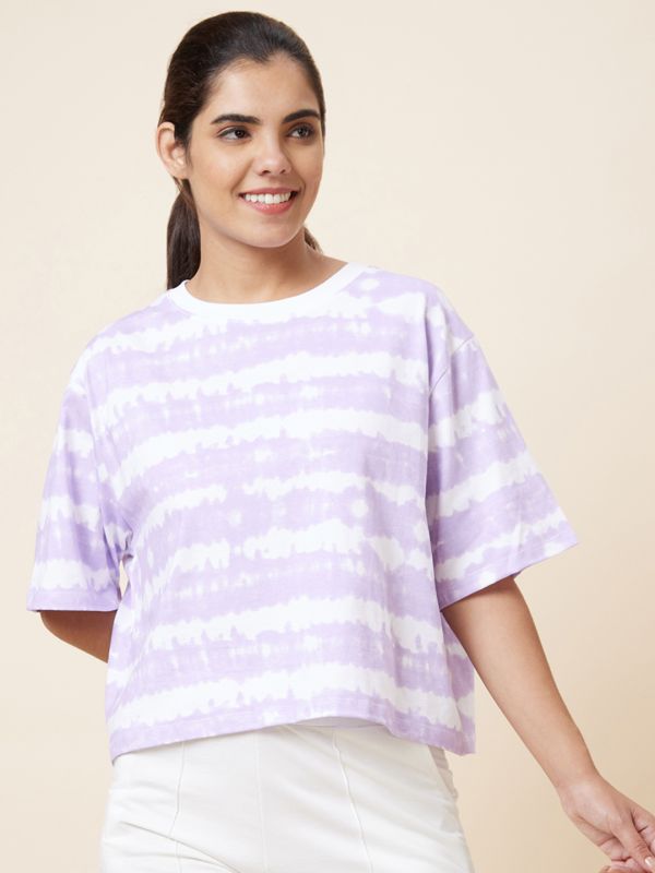 Globus Women Lavender Boxy Fit Tie and Dye Cotton T-Shirt