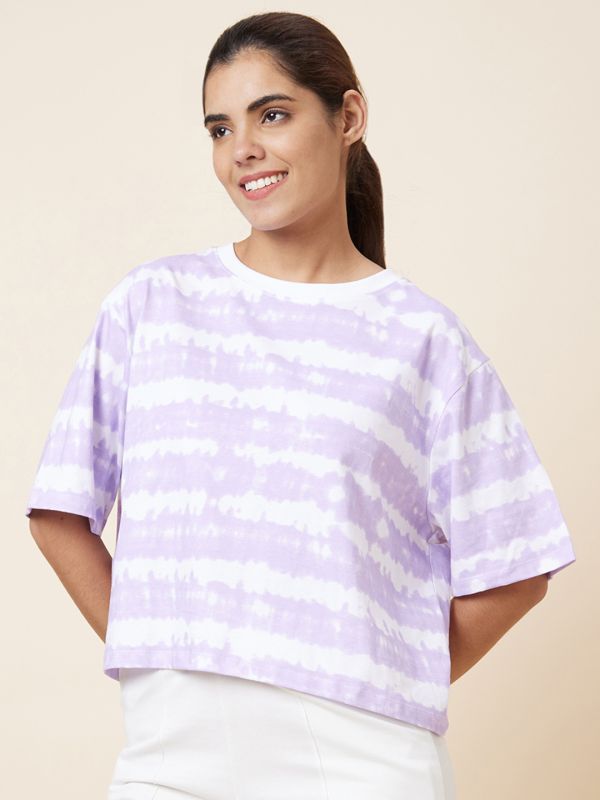 Globus Women Lavender Boxy Fit Tie and Dye Cotton T-Shirt