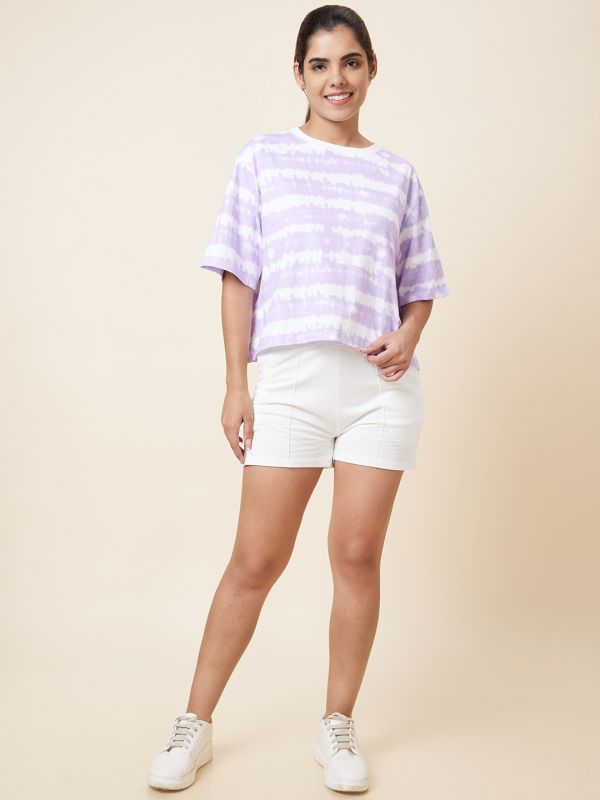 Globus Women Lavender Boxy Fit Tie and Dye Cotton T-Shirt