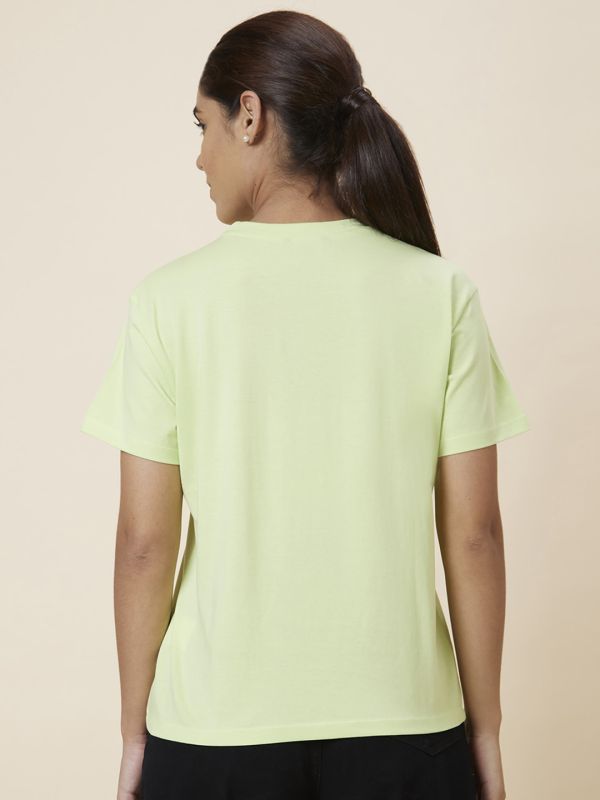 Globus Women Lime Green Boxy Fit Self Design Cotton T-Shirt