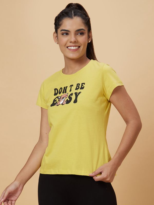 Globus Women Yellow Printed Cotton T-Shirt