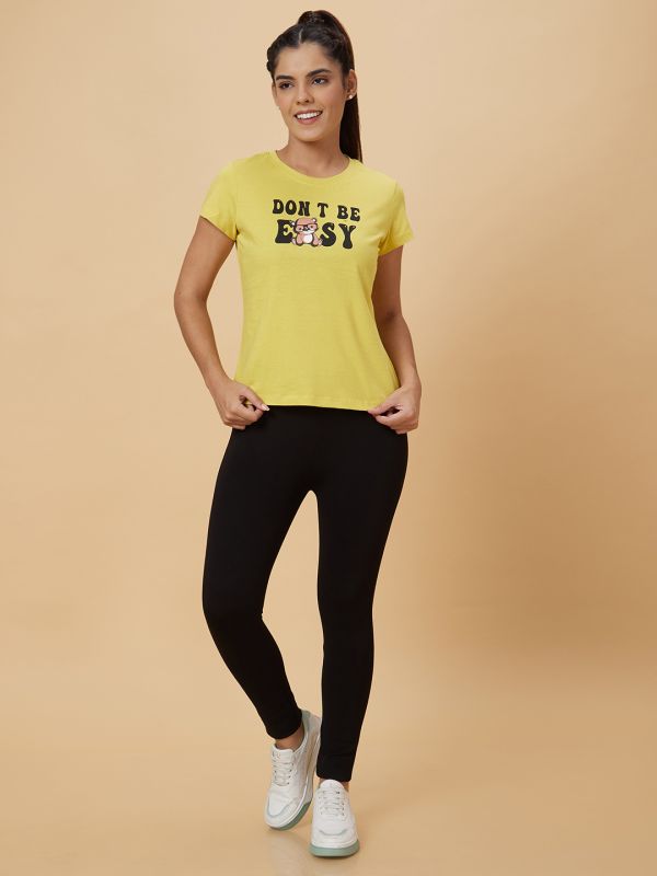 Globus Women Yellow Printed Cotton T-Shirt