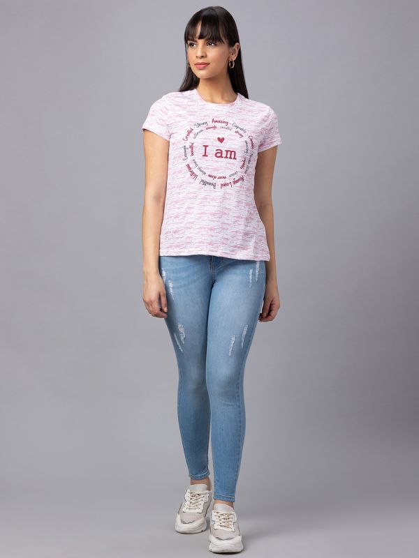 Globus Women Pink Printed Round Neck Casual Regular Fit Tshirt