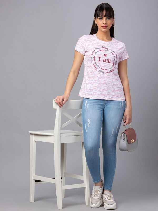 Globus Women Pink Printed Round Neck Casual Regular Fit Tshirt